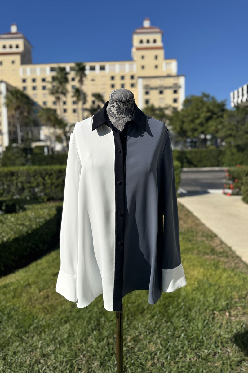 Emmelle Luxurious Crepe Button Down Blouse in Pearl, Charcoal, and Storm - Mildred Hoit