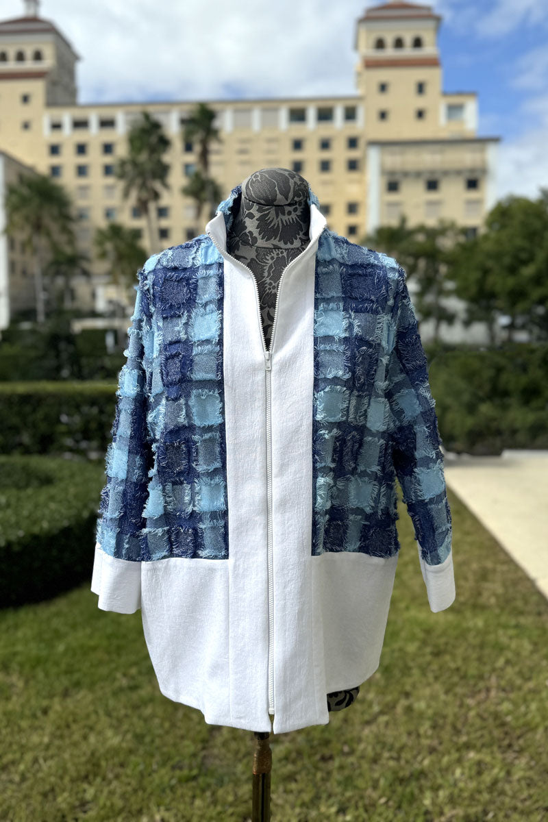 Emmelle Micro Linen Jacket with Blue Eyelash Fringe - Mildred Hoit