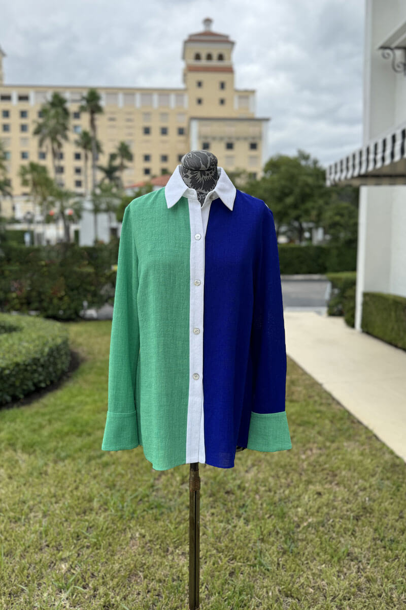 Emmelle Micro Linen Tri-Color Blouse in Seafoam, Cobalt, and White - Mildred Hoit