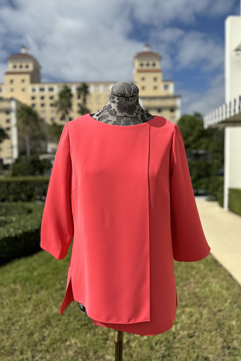 Emmelle Layered Front Luxurious Crepe Tunic in Coral - Mildred Hoit