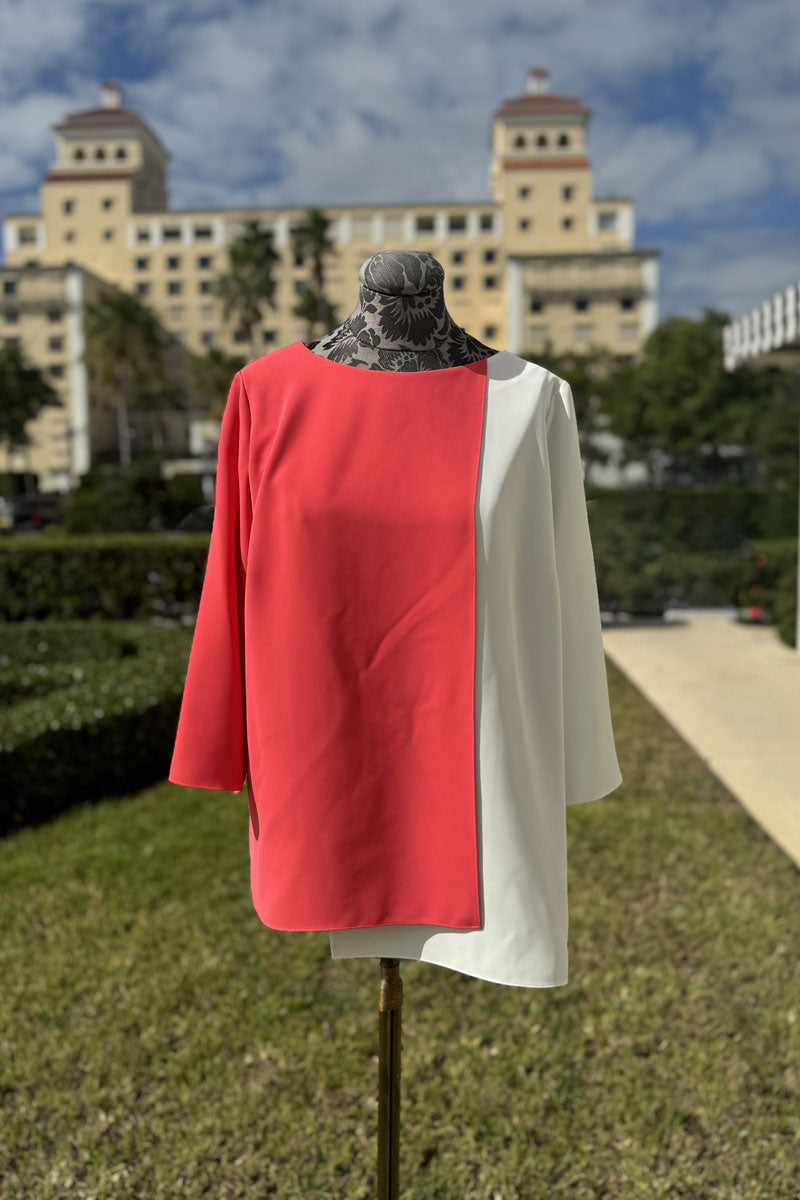Emmelle Layered Front Luxurious Crepe Tunic in Coral and Pearl - Mildred Hoit