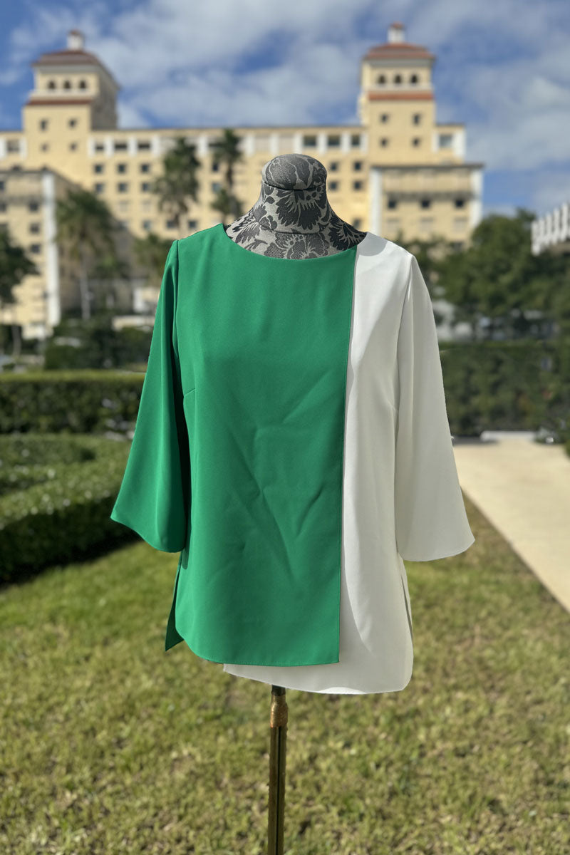 Emmelle Layered Front Luxurious Crepe Tunic in Green and Pearl - Mildred Hoit