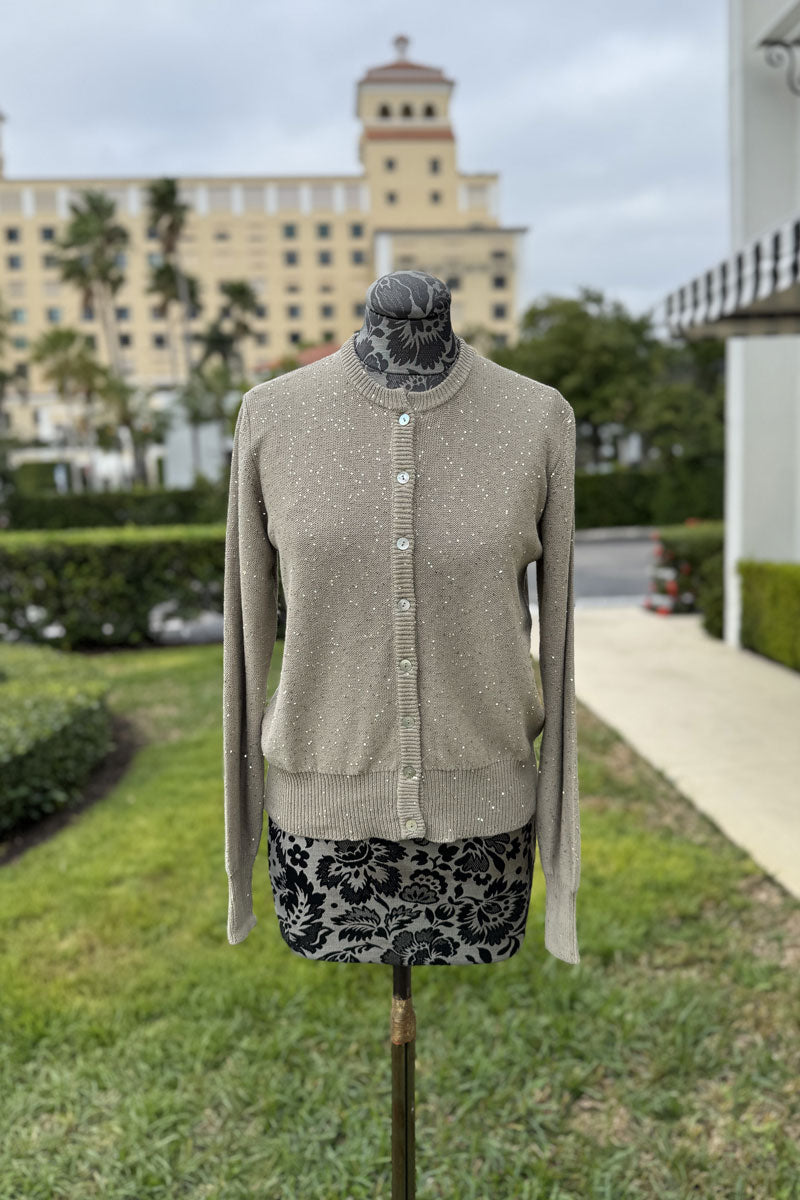 Sequin Button Down Cardigan Sweater in Taupe - Mildred Hoit