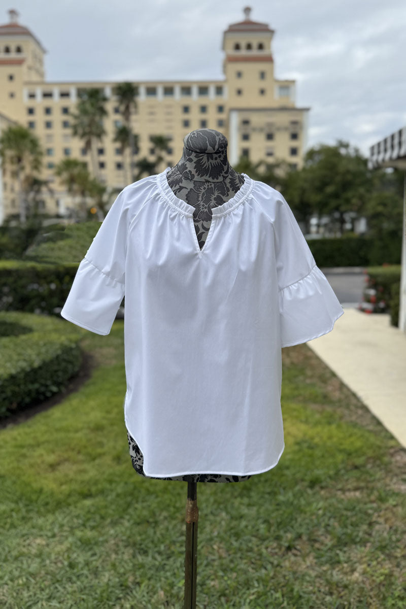 Foxcroft Vicky No Iron Stretch Cotton Popover Blouse in White - Mildred Hoit