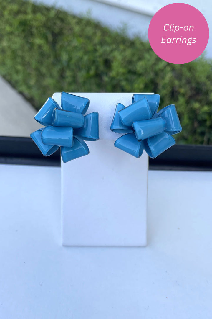 French Ambre Bow Earrings in Blue - Mildred Hoit