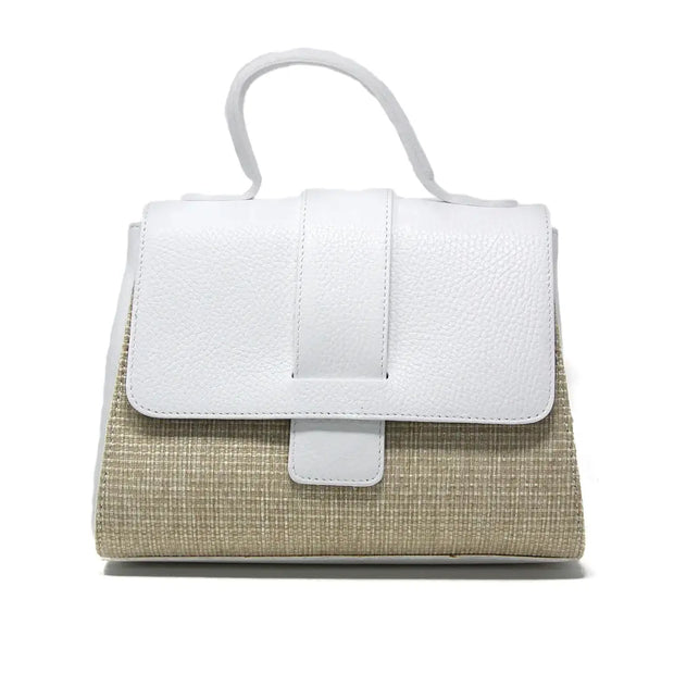 Leather and Raffia Bag in White available at Mildred Hoit in Palm Beach.