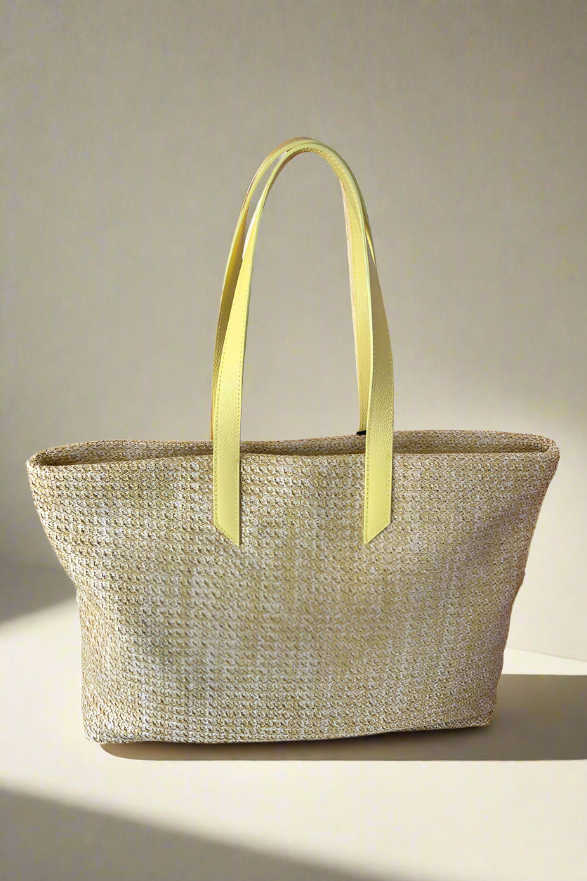 Gea Handbag in Raffia with Yellow Leather Handle - Mildred Hoit