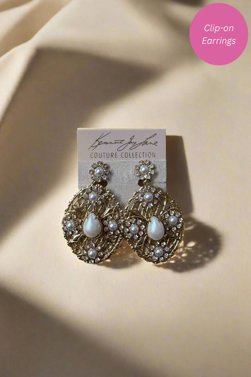 Kenneth Jay Lane Gold, Crystal, and Pearl Drop Earrings - Mildred Hoit