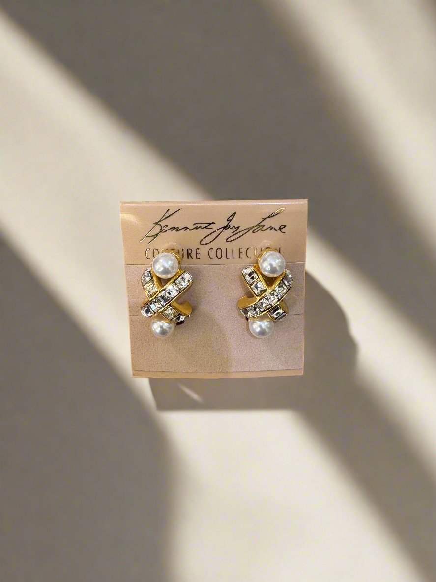 Kenneth Jay Lane Gold and Crystal 'X' Earring with Pearls - Mildred Hoit