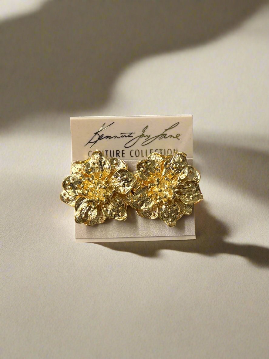 Kenneth Jay Lane Satin Gold Dogwood Flower Earrings - Mildred Hoit