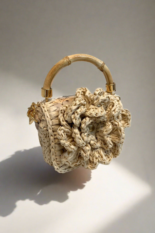 Crochet Flower Mini Bag in Beige available at Mildred Hoit in Palm Beach.