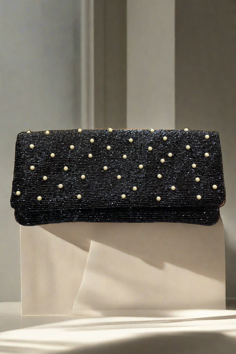 Long Beaded Clutch Bag in Black with Pearls