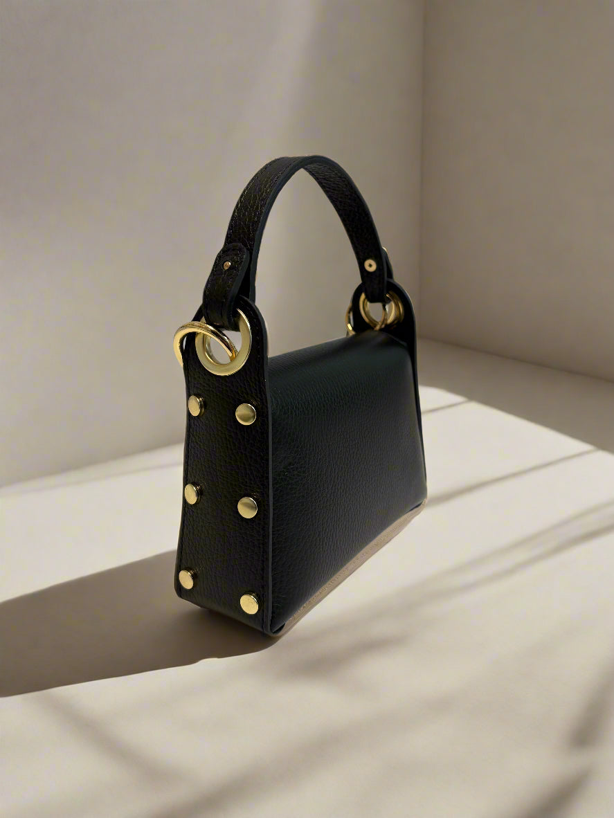 Black Leather Handbag with Bamboo Clasp Detail - Mildred Hoit