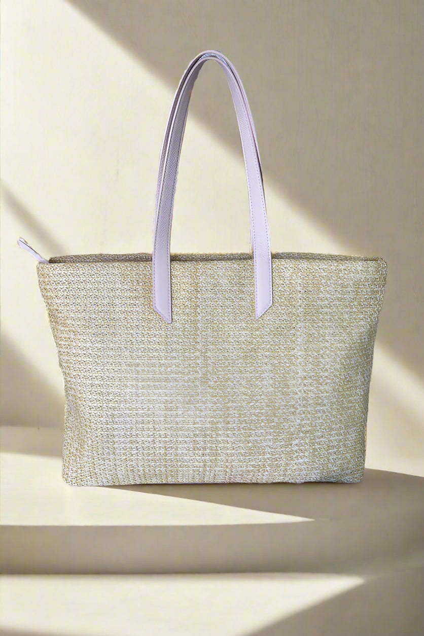Gea Handbag in Raffia with Pink Leather Handle - Mildred Hoit