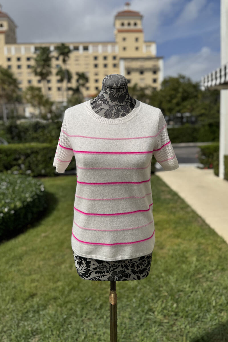 Cashmere Short Sleeve Top in Pink and White Stripes - Mildred Hoit