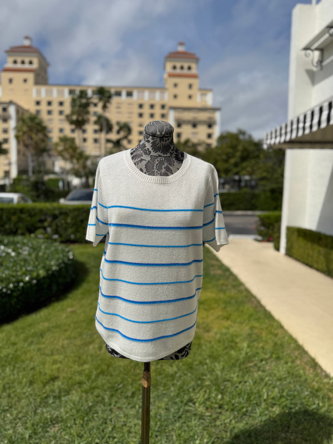 Cashmere Short Sleeve Top in Blue and White Stripes - Mildred Hoit