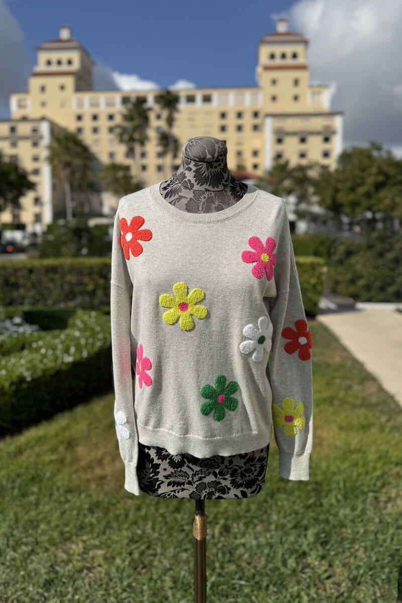 Silver Sweater with Multi-Color Floral Detail - Mildred Hoit