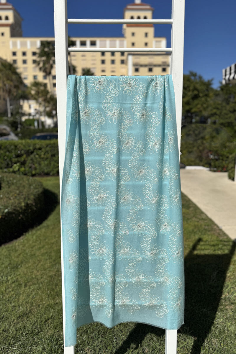 Janavi Aqua Shawl with White Floral Detail - Mildred Hoit