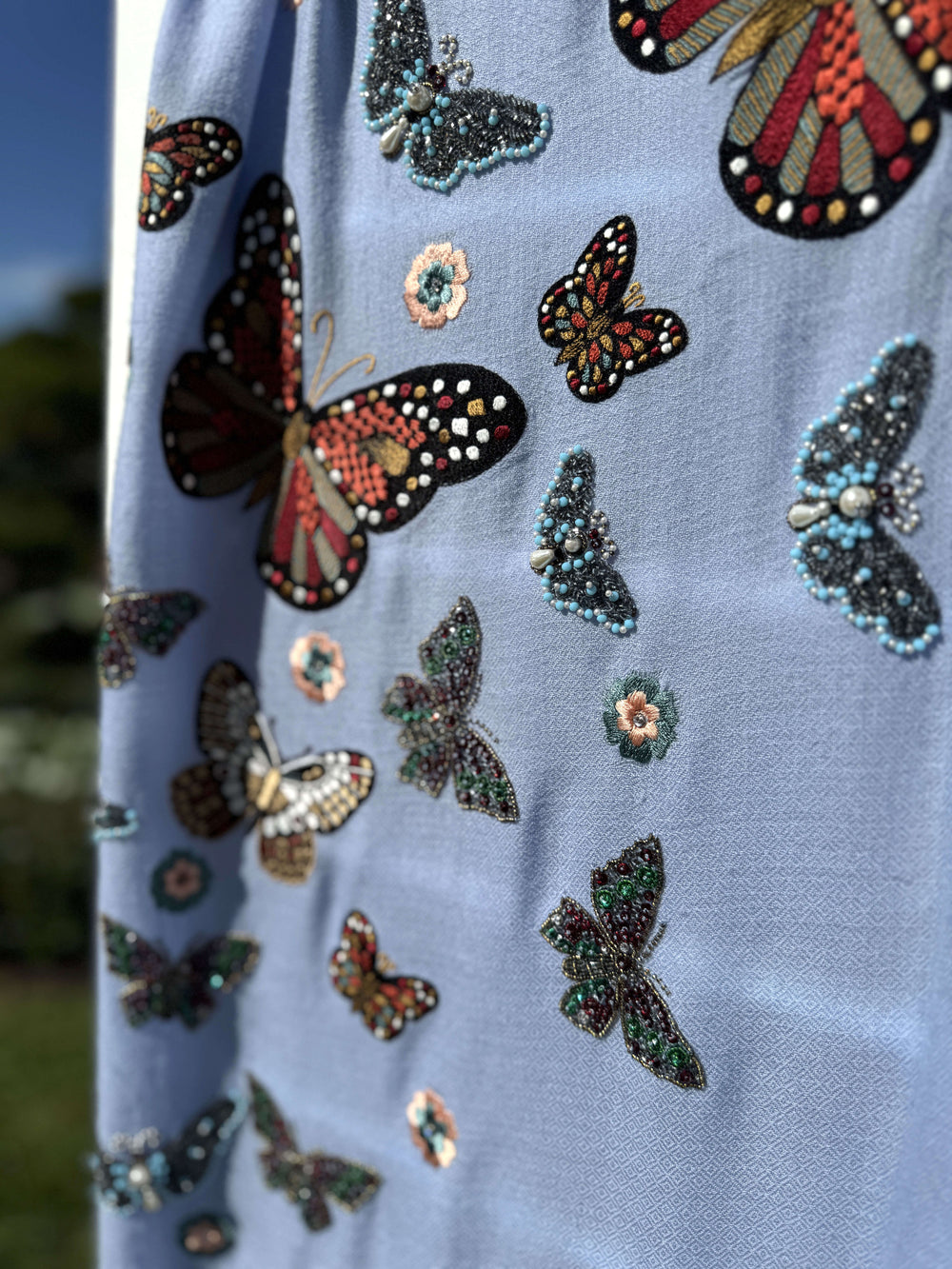 Light Blue Embroidered and Beaded Butterfly Shawl - Mildred Hoit