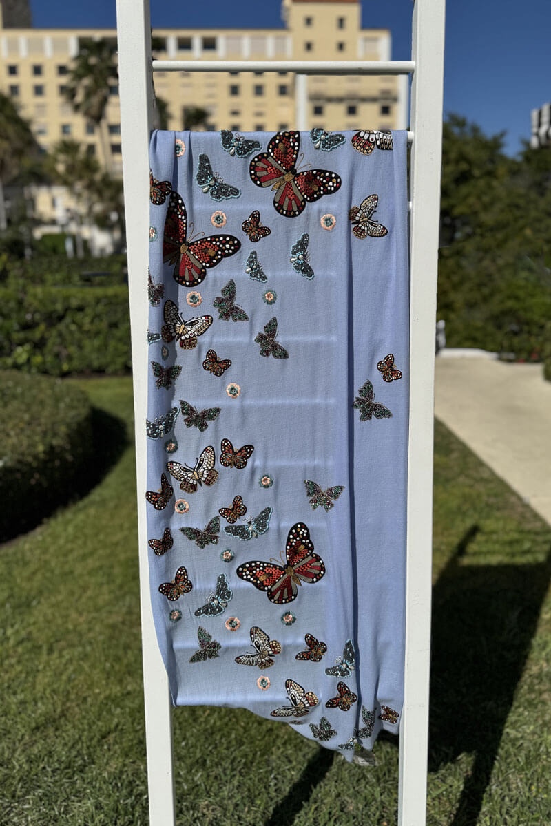 Light Blue Embroidered and Beaded Butterfly Shawl - Mildred Hoit