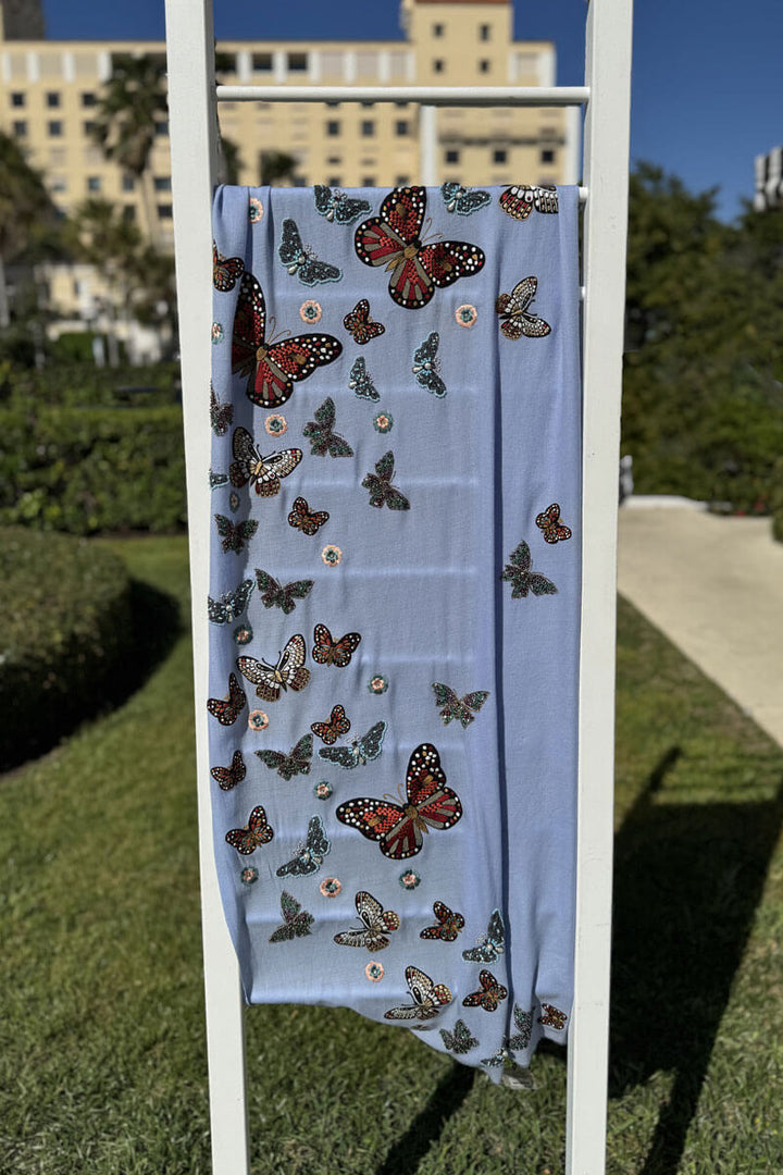 Light Blue Embroidered and Beaded Butterfly Shawl - Mildred Hoit