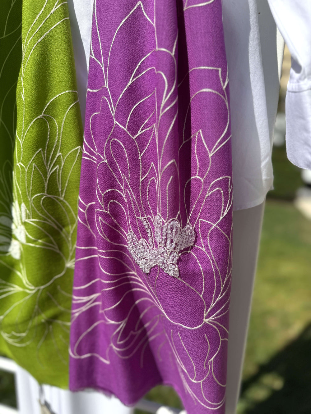 Janavi Lime Green and Purple Embroidered Shawl - Mildred Hoit