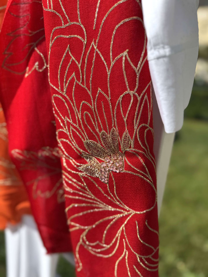 Janavi Orange and Red Embroidered Shawl - Mildred Hoit