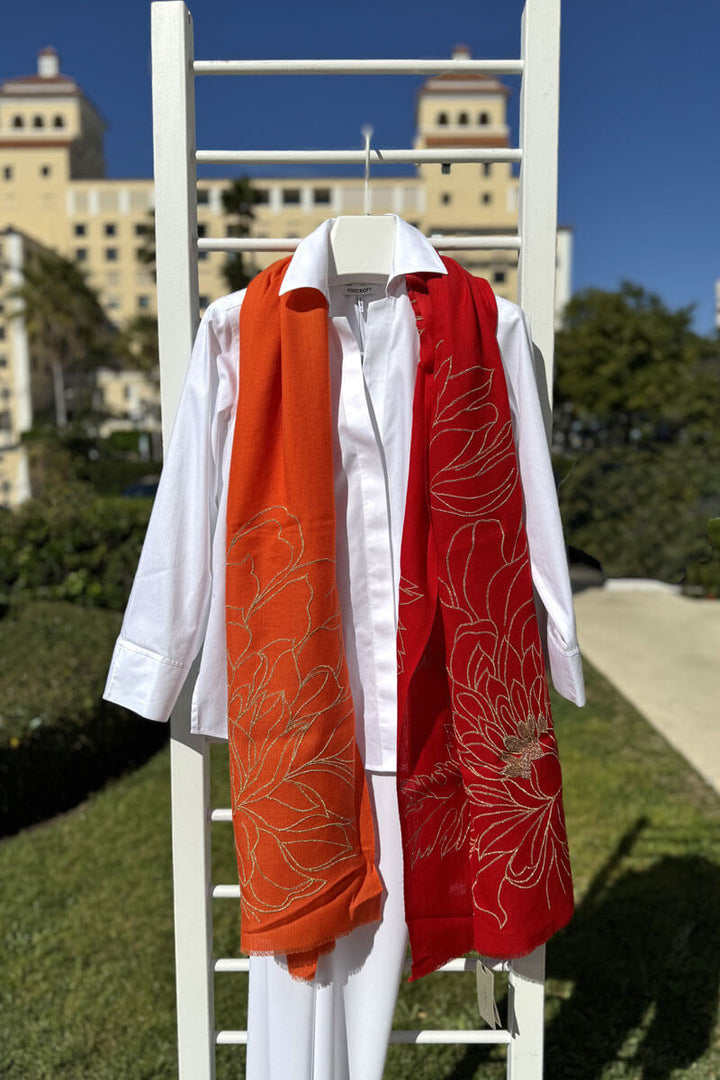 Janavi Orange and Red Embroidered Shawl - Mildred Hoit
