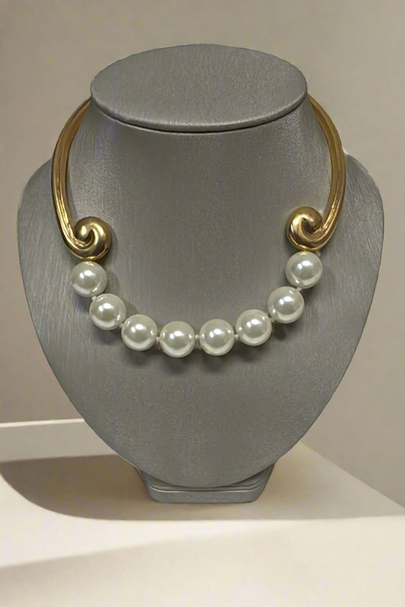 Kenneth Jay Lane Gold Bib Hook Clasp Necklace with Pearls