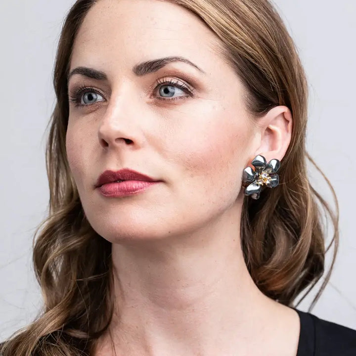 Kenneth Jay Lane Grey Pearl Flower with Crystal Center Earrings - Mildred Hoit