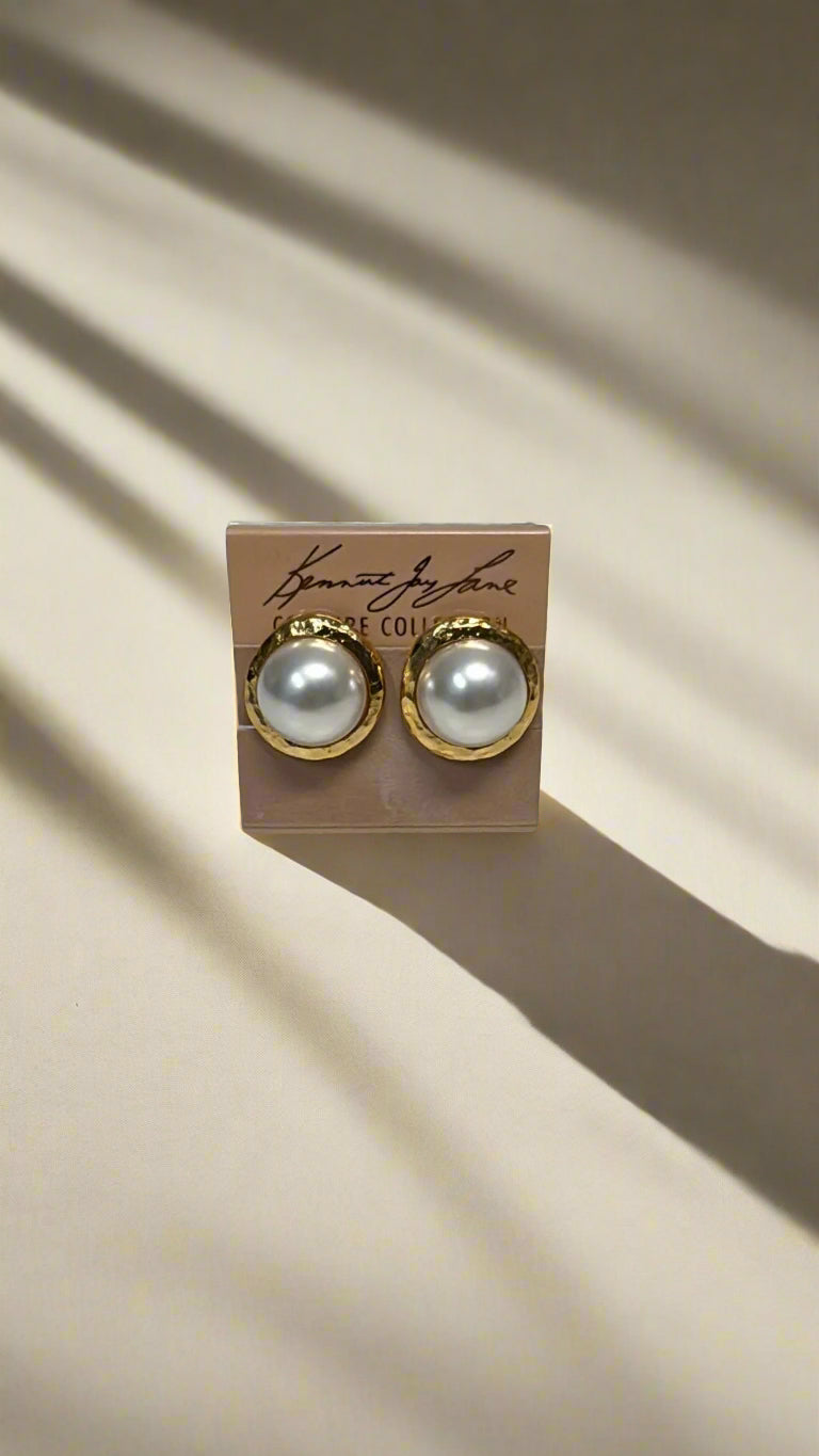 Kenneth Jay Lane Gold Button Clip Earring with White Pearl