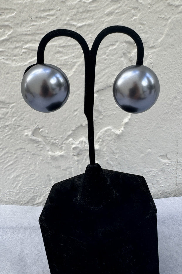 Kenneth Jay Lane Dark Grey Pearl Button Earrings available at Mildred Hoit in Palm Beach.