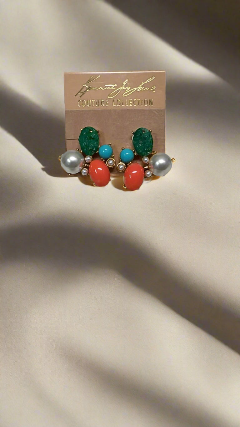 Kenneth Jay Lane Jade, Coral, Turquoise & Pearl Clip-On Earring - Mildred Hoit