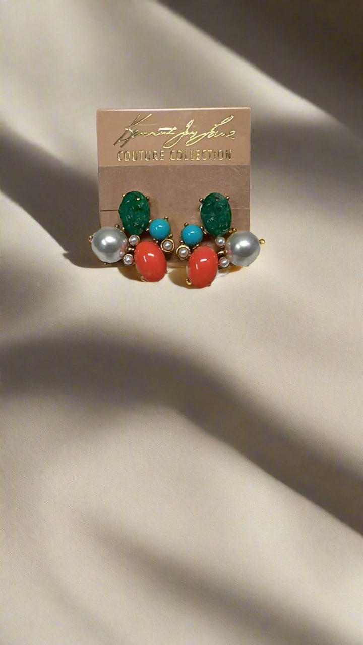 Kenneth Jay Lane Jade, Coral, Turquoise & Pearl Clip-On Earring - Mildred Hoit