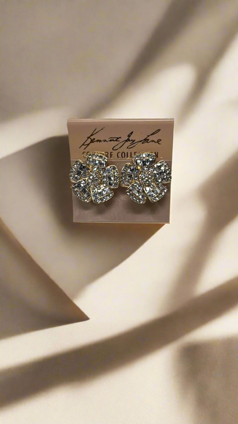 Kenneth Jay Lane Gold & Rhinestone Flower Clip Earrings