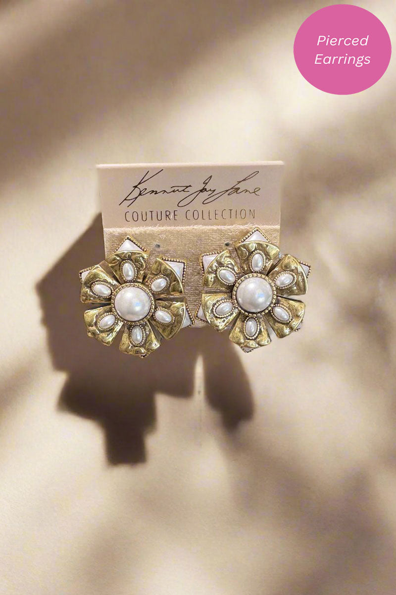 Kenneth Jay Lane Antique Gold and Pearl Cabochon Earrings - Mildred Hoit