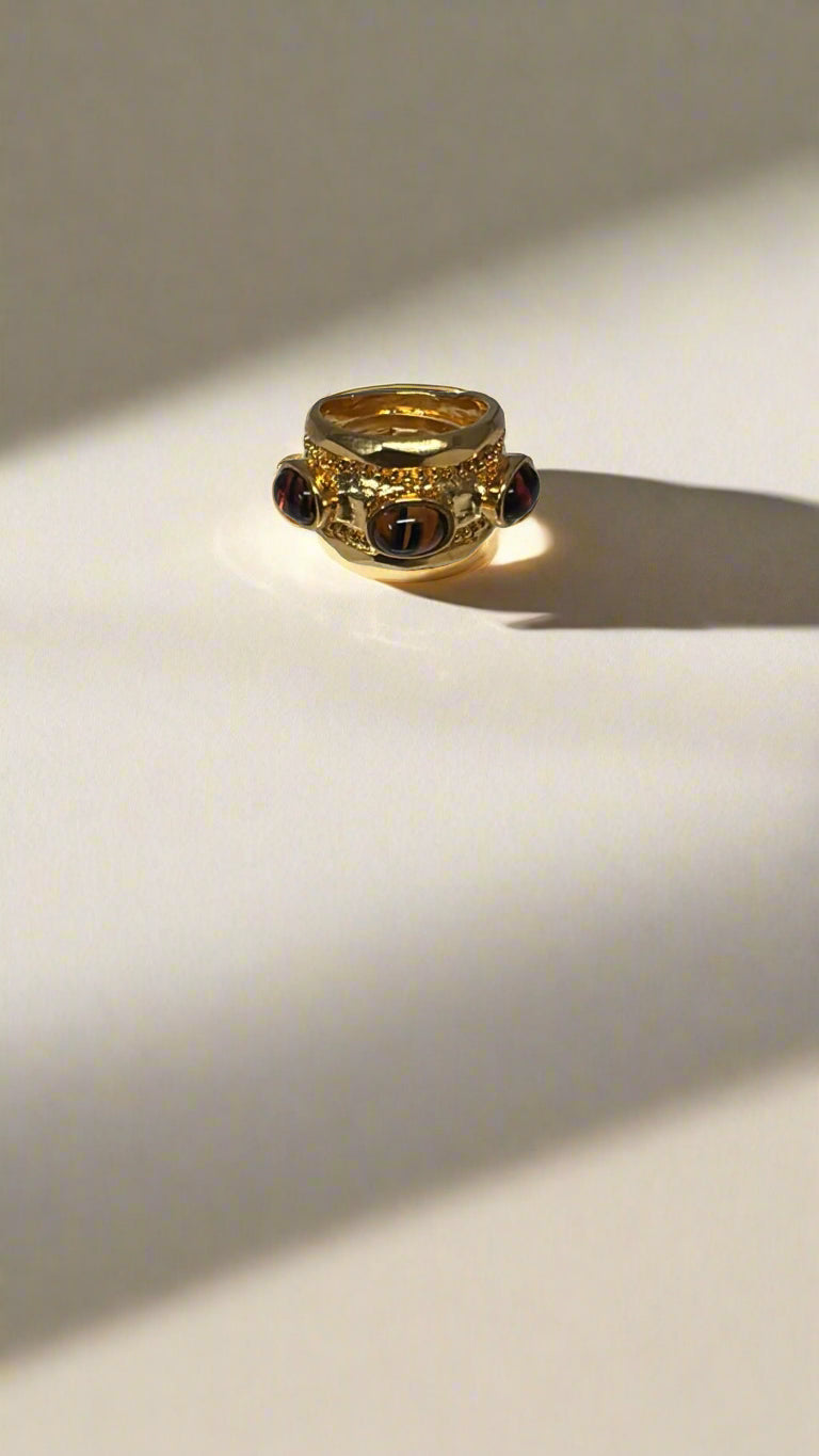 Kenneth Jay Lane Polished Gold Ring with Tortoise Cabochon Stones - Mildred Hoit