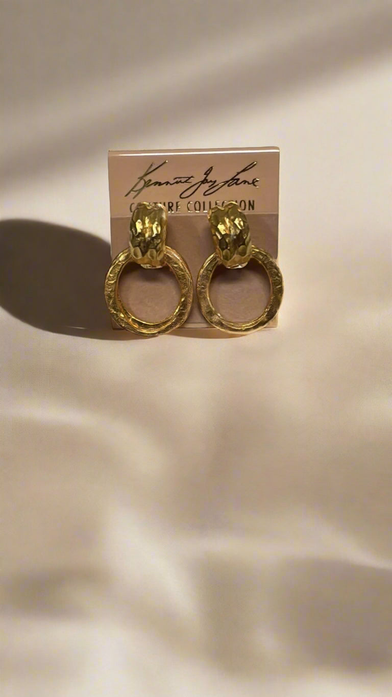 Kenneth Jay Lane Gold Double Ring Hammered Doorknocker Clip-On Earrings