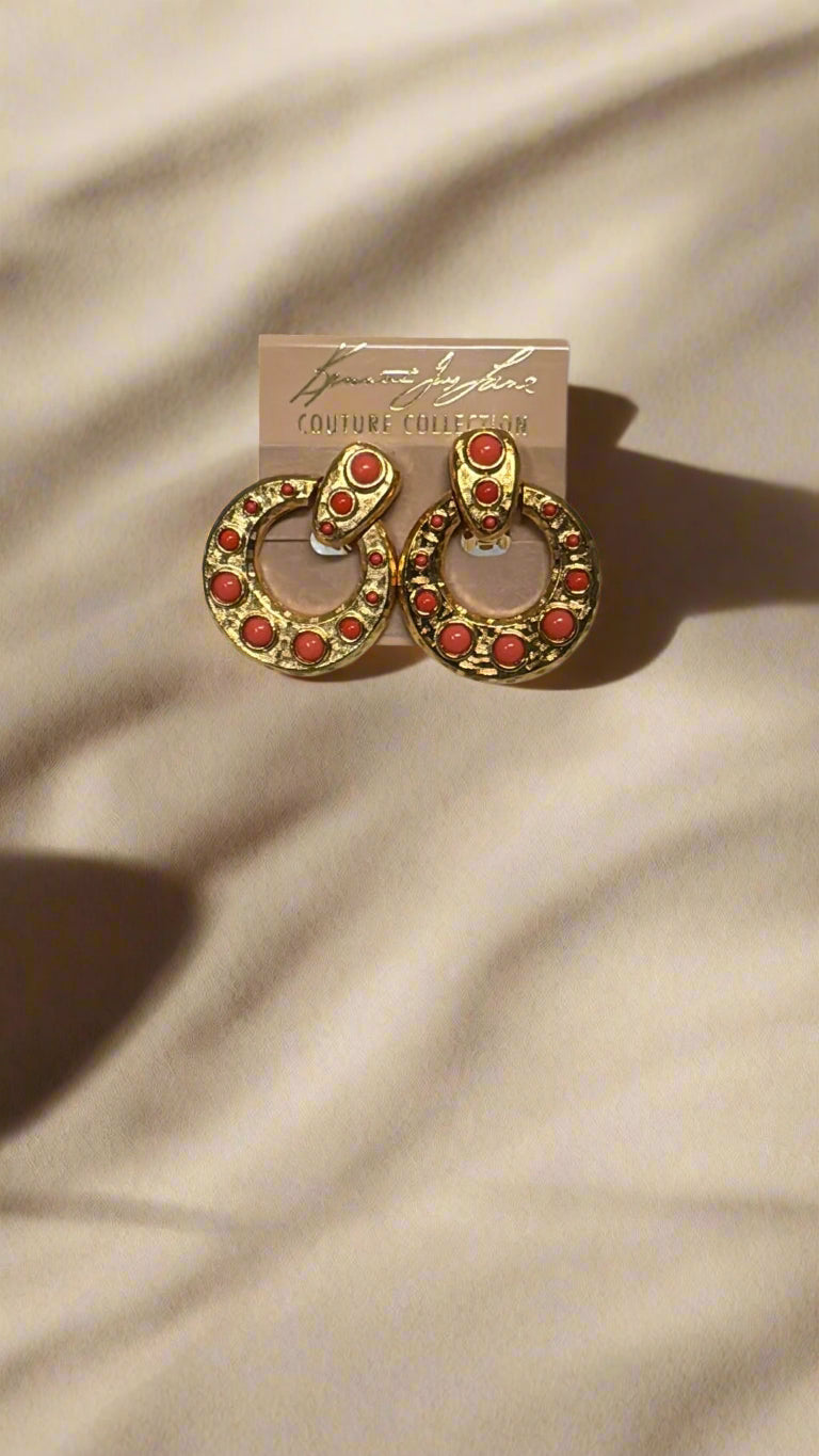 Kenneth Jay Lane Gold Doorknocker Earrings with Coral Cabochons