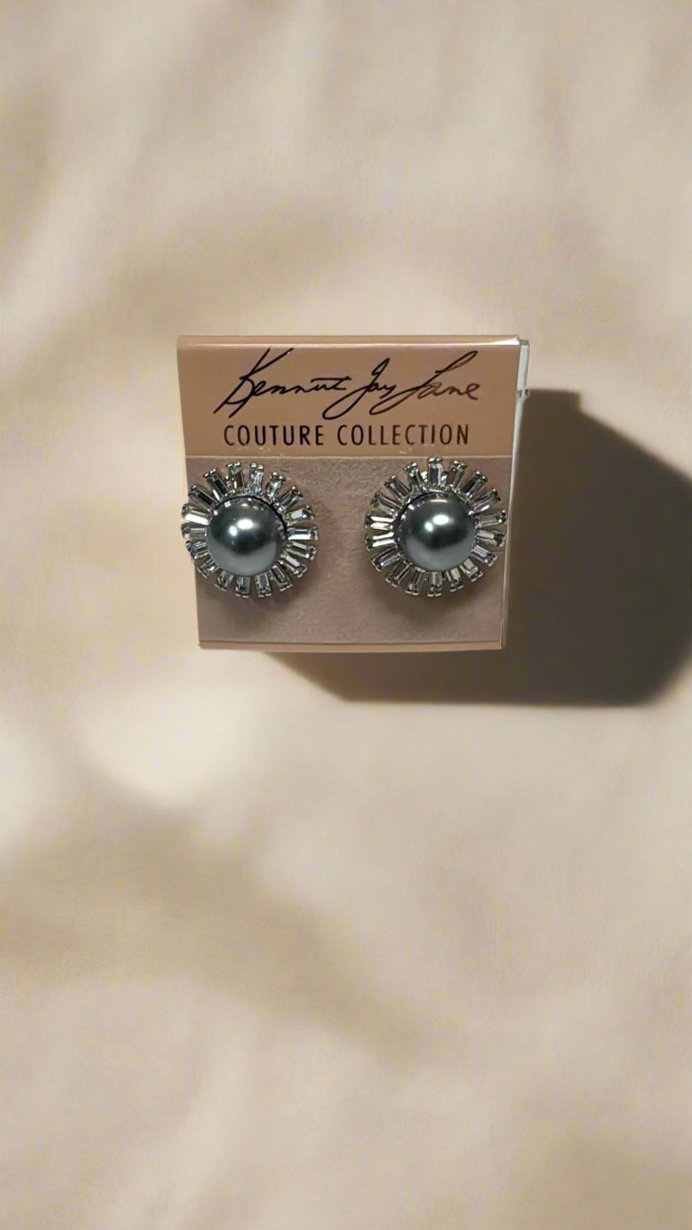 Kenneth Jay Lane Silver & Crystal Sunburst Earrings with Dark Grey Pearl Center