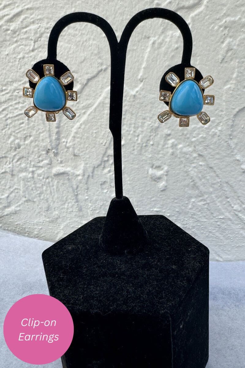Kenneth Jay Lane Gold, Turquoise, and Crystal Cabochon Earrings - Mildred Hoit