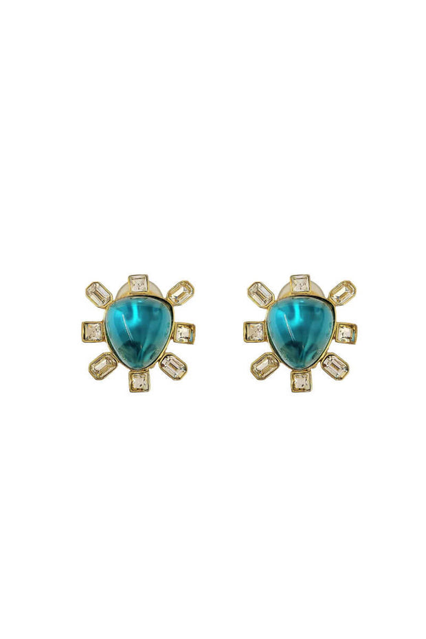 Kenneth Jay Lane Gold and Aqua Cabochon Earrings available at Mildred Hoit in Palm Beach.