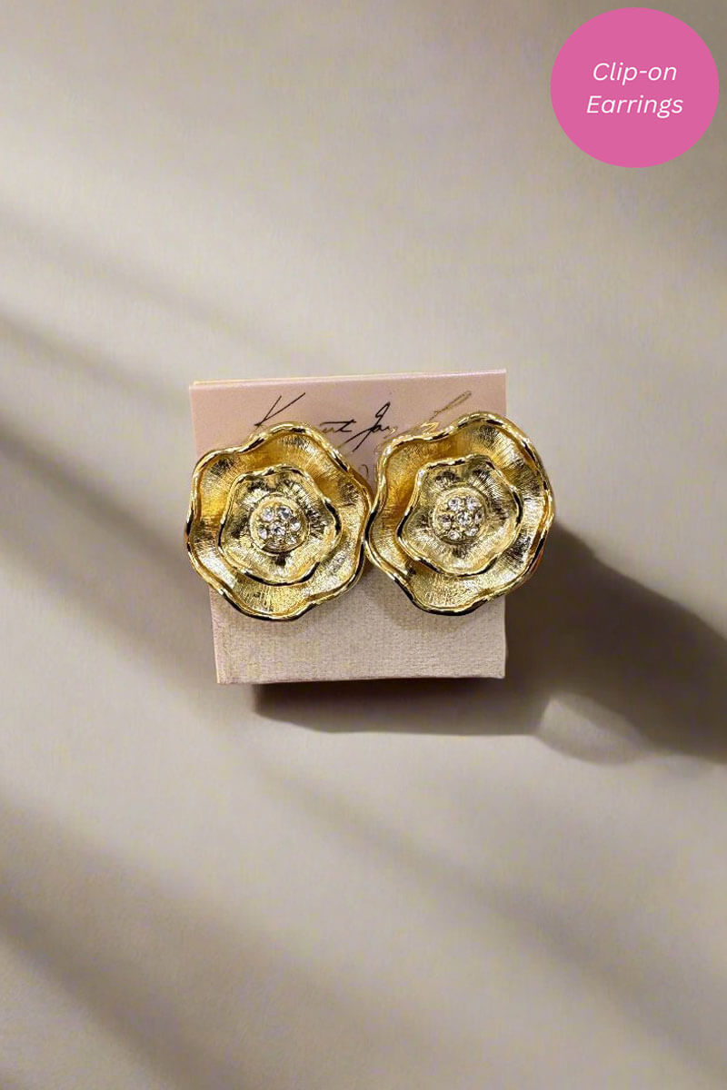 Kenneth Jay Lane Gold Flower Earrings with Rhinestone Center Earring - Mildred Hoit