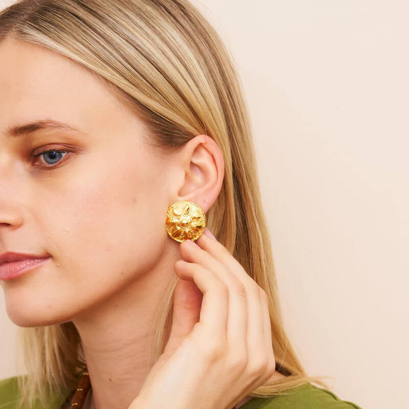 Kenneth Jay Lane Satin Gold Sand Dollar Clip Earrings - Mildred Hoit