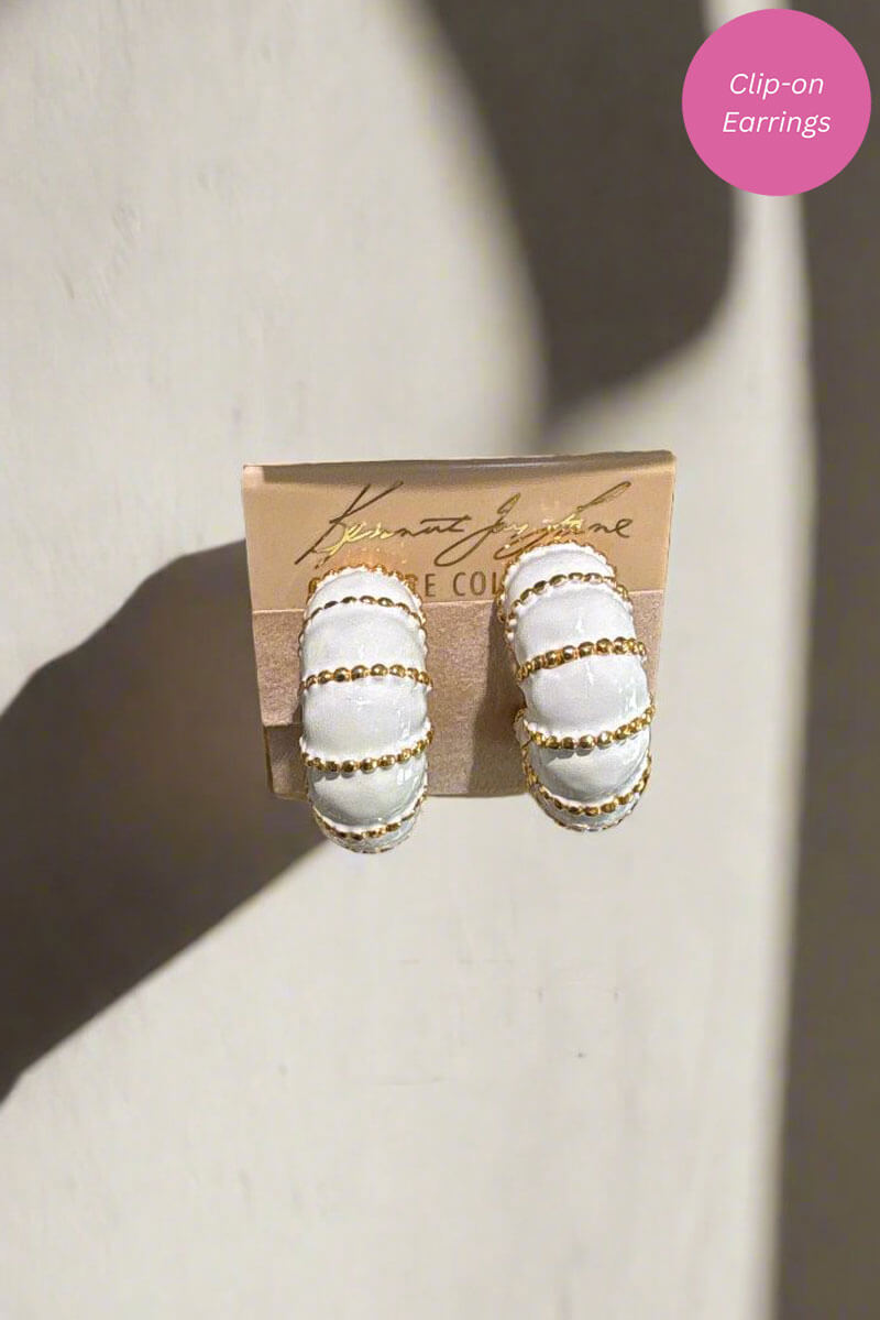 White & Gold Enamel Hoop Clip Earring - Mildred Hoit