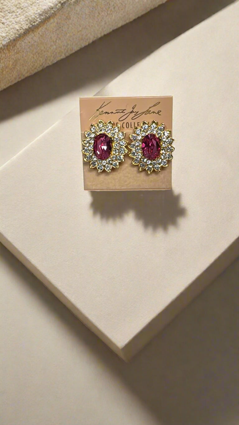 Kenneth Jay Lane Pink Center with Crystal Oval Clip Earrings