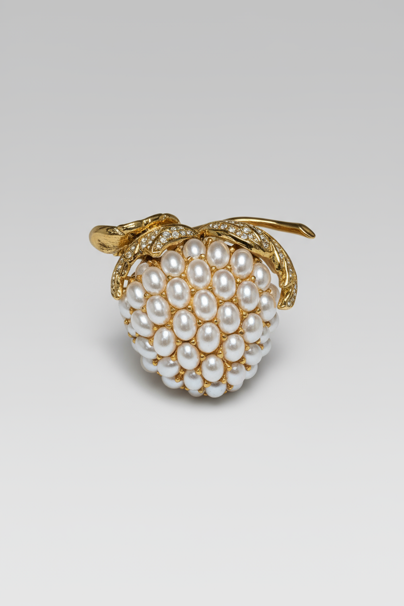 Kenneth Jay Lane Gold with Crystal Leaves & Pearl Cabochons Strawberry Pin