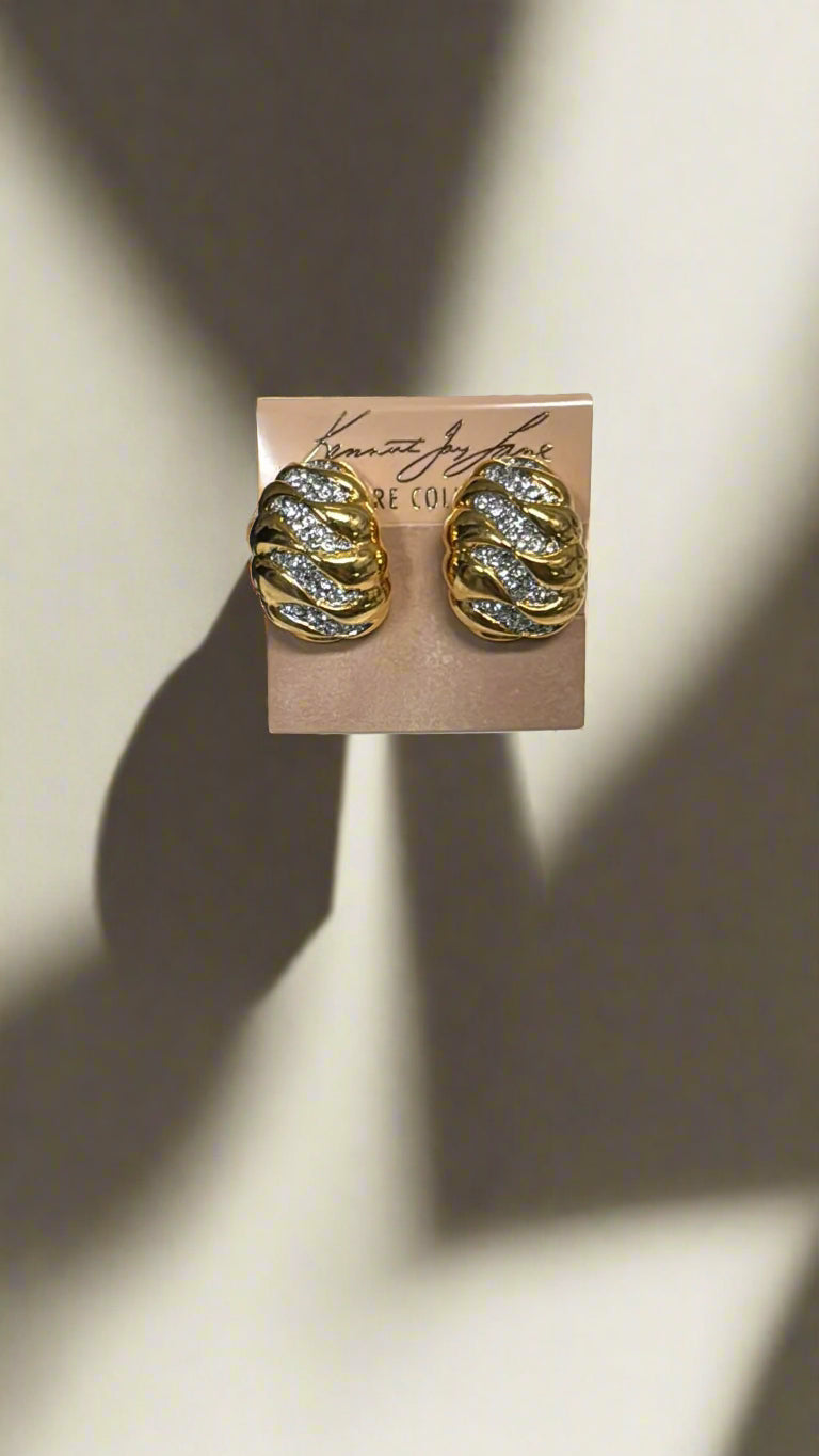 Kenneth Jay Lane Gold and Rhinestone Wave Dome Clip Earrings