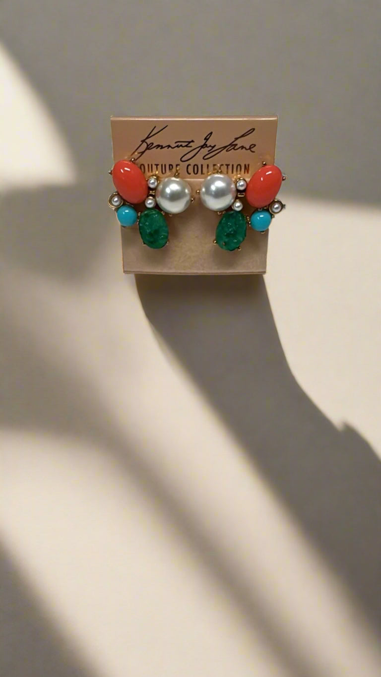 Kenneth Jay Lane Jade, Coral, Turquoise & Pearl Clip-On Earring - Mildred Hoit