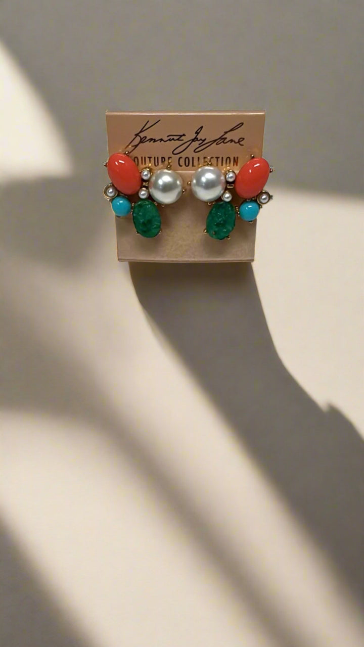 Kenneth Jay Lane Jade, Coral, Turquoise & Pearl Clip-On Earring - Mildred Hoit
